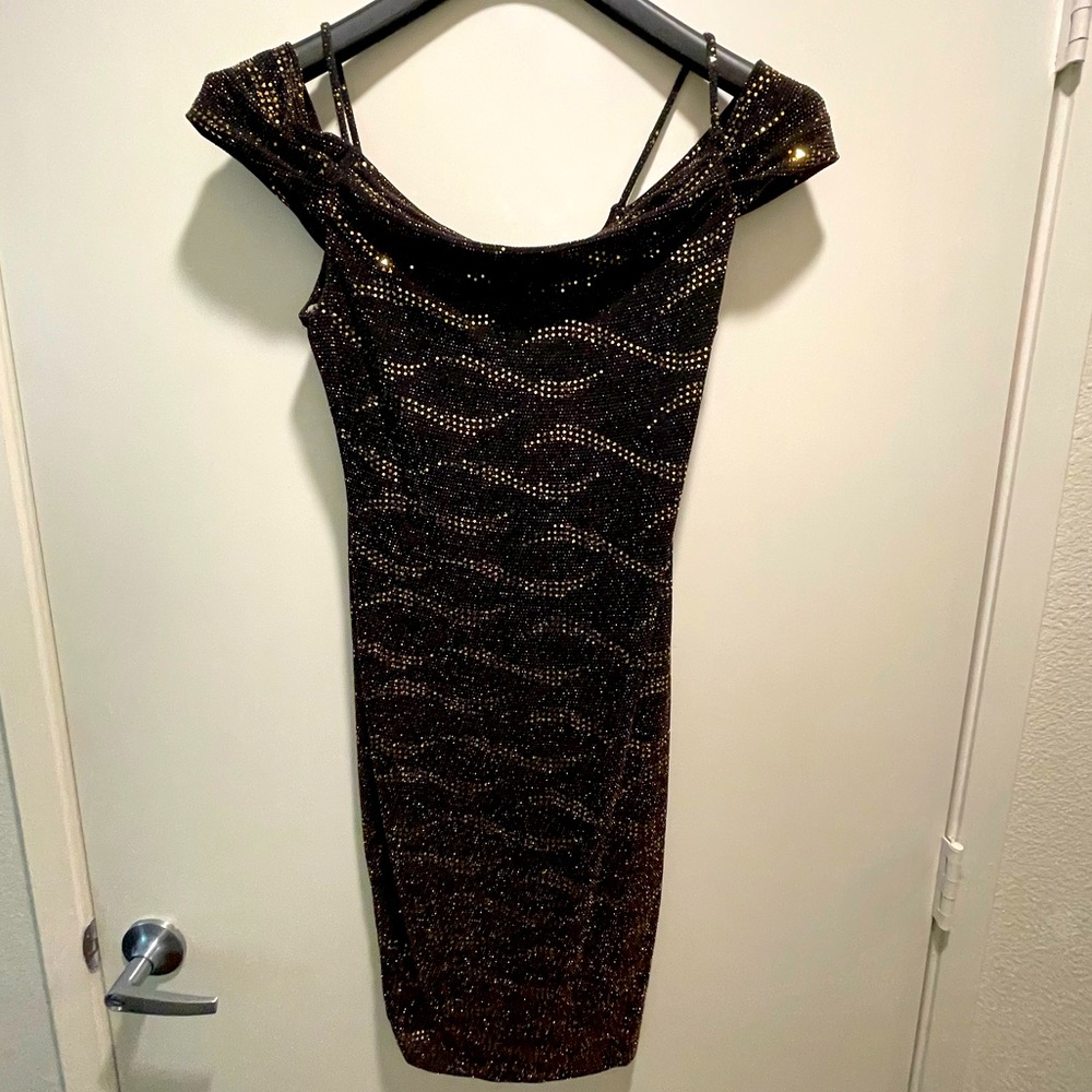 Brown and gold shimmer dress.